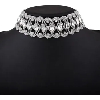 Šperk Široký štrasový náhrdelník kolem krku se zirkony Stříbrná