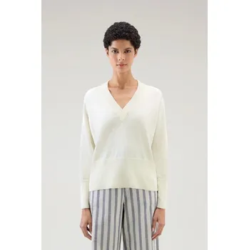 Dámský svetr SVETR WOOLRICH COTTON CASHMERE V-NECK PLASTER WHITE