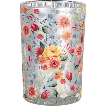 Svícen Šedý skleněný svícen barevné květy a růže – 12x23 cm