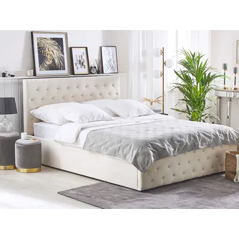 Postel Postel béžová sametové čalounění 140 x 200 cm manželská postel s úložným prostorem prošívané čelo ložnice Beliani