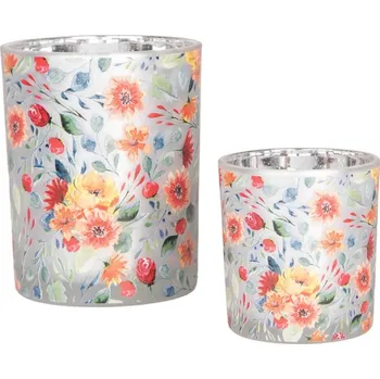Svícen Sada 2 šedé skleněné svícny barevné květy a růže – 10x20 cm