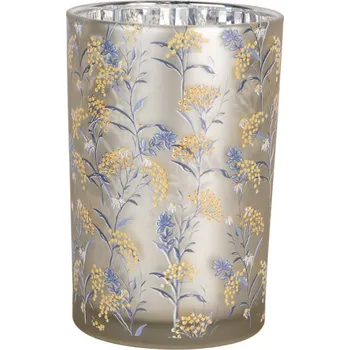 Svícen Šedý skleněný svícen žluté divoké květy – 12x22 cm