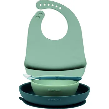 Nattou Set jídelní silikonový s bryndáčkem bez BPA 4 ks Zelená