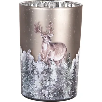Svícen Šedý skleněný svícen jelen v zimním lese – 12x31 cm