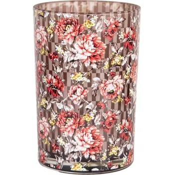 Svícen Hnědý skleněný svícen červené a oranžové květy – 12x26 cm