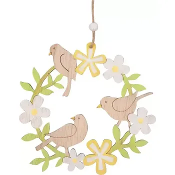 Věnec dřevěný s ptáčky na zavěšení 15 cm 7628