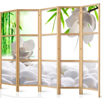 Paraván Japonský paraván - Oriental Balance: Jemné spojení bambusu, orchidejí a oblázků Velikost: 225x172 cm