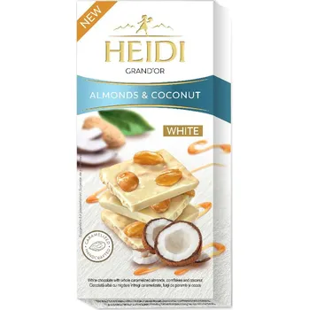 Čokoláda Bílá čokoláda HEIDI GRAND'OR mandle & kokos 100 g VÝPRODEJ! DM: 5/2024 (Bílá čokoláda s mandlemi a kokosem)