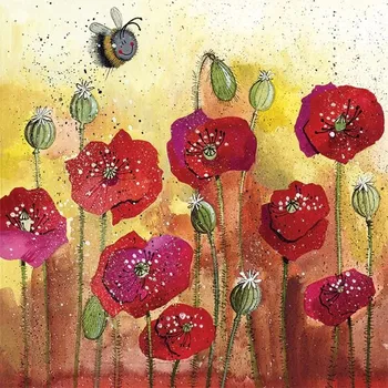 Přání v obálce Bee and poppies, včelky od ALEX CLARK 14*14 cm (Blahopřání se včelou, včela)