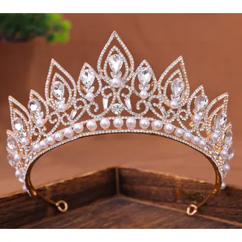 Čelenka B-TOP Barokní korunka do vlasů s krystaly a perlami - pozlacená