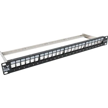 Patch panel LYNX Patch panel 19", 24 portů, neosazený, stíněný, černý, Cat5e/6/6A/7, vyvazovák