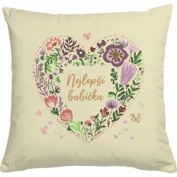 Dekorativní polštářek Polštář bavlněný s potiskem Nejlepší babička květinové srdce polštářek