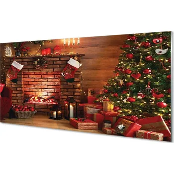 Obraz Obraz na skle Ozdoby na vánoční stromeček dárky ohniště 120x60 cm 2 Přívěsky