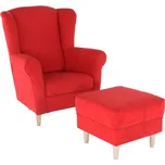 Křeslo ušák, s taburetem, látka červená, ASTRID