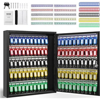 Skříňka na klíč VEVOR skříňka na 100 klíčů, schránka na klíče s nastavitelnými poličkami, bezpečnostní úložná schránka na klíče z oceli, organizér na klíče se 100 barevnými štítky na klíče a 2 záznamovými kartami do školy, kanceláře, hotelu