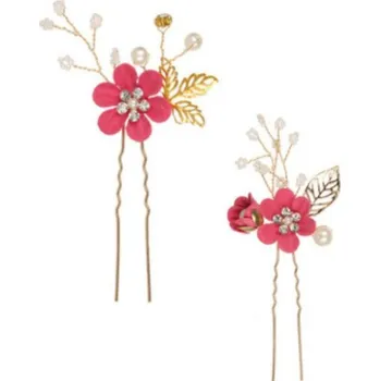 Souprava šperků B-TOP Sada 2 ks svatebních vlásenek KVĚT s perlou Druh barvy: Tmavě růžová