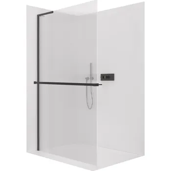 CERANO - Sprchová zástěna Walk-in Onyx L-levá vzpěra - 8 mm + polička/držák na ručníky - černá matná, rýhované sklo - 160x200 cm