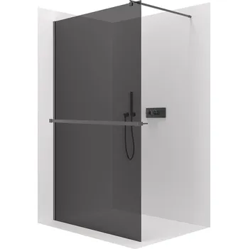 CERANO - Sprchová zástěna Walk-in Onyx Round L/P - 8 mm + polička/držák na ručníky - kulatá vzpěra - černá matná, grafitové sklo - 160x200 cm