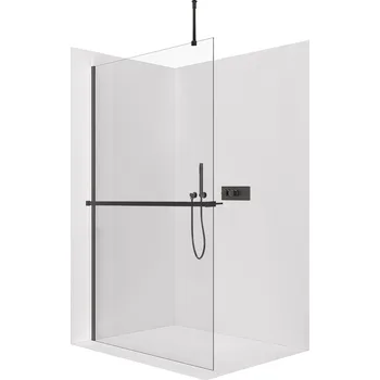 CERANO - Sprchová zástěna Walk-in Onyx Top Round L/P - 8 mm - kulatá vzpěra + polička/držák na ručníky - černá matná, transparentní sklo - 100x200 cm