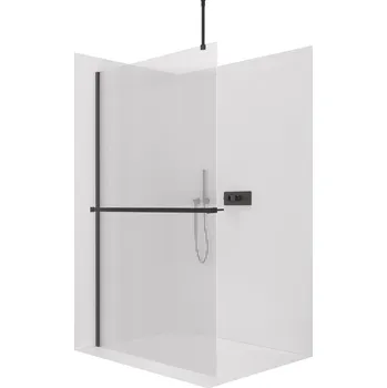 CERANO - Sprchová zástěna Walk-in Onyx Top Round L/P - 8 mm - kulatá vzpěra + polička/držák na ručníky - černá matná, rýhované sklo - 140x200 cm