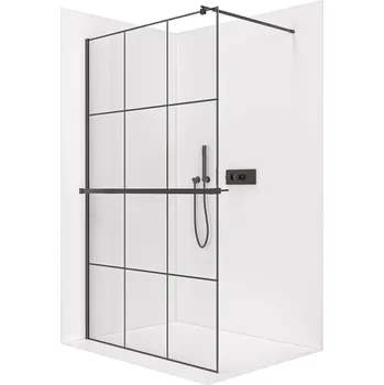 CERANO - Sprchová zástěna Walk-in Onyx Round L/P - 8 mm + polička/držák na ručníky - kulatá vzpěra - černá matná, industriální sklo - 130x200 cm