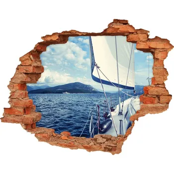 Fototapeta Díra 3D ve zdi nálepka Plachetnice na pozadí moře