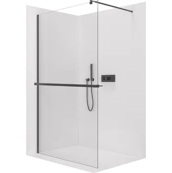 CERANO - Sprchová zástěna Walk-in Onyx Round L/P - 8 mm + polička/držák na ručníky - kulatá vzpěra - černá matná, transparentní sklo - 90x200 cm