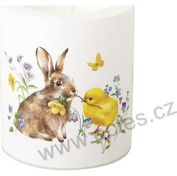 Svíčka IHR BUNNY AND CHICK velká dekorativní svíčka hnědý králík a žluté kuřátko mezi květinami