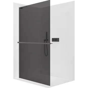 CERANO - Sprchová zástěna Walk-in Onyx L-levá vzpěra - 8 mm + polička/držák na ručníky - černá matná, grafitové sklo - 140x200 cm