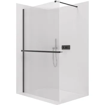 CERANO - Sprchová zástěna Walk-in Onyx Cube L/P - 8 mm + polička/držák na ručníky - hranatá vzpěra - černá matná, rýhované sklo - 90x200 cm
