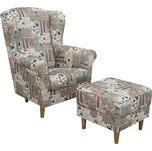 Křeslo ušák s taburetem, látka parchwork Viorica 1, ASTRID