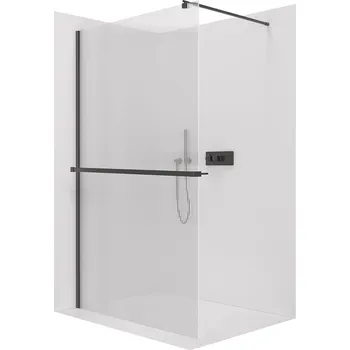 CERANO - Sprchová zástěna Walk-in Onyx Round L/P - 8 mm + polička/držák na ručníky - kulatá vzpěra - černá matná, rýhované sklo - 150x200 cm