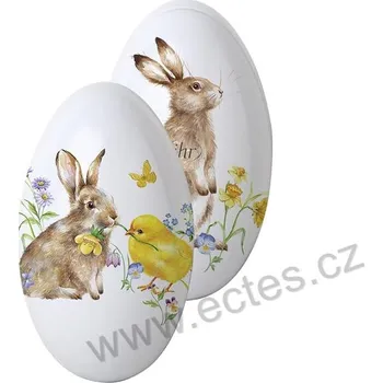 Dóza na potraviny IHR BUNNY AND CHICK plechová dóza vajíčko 2886 hnědý králík a žluté kuřátko mezi květinami
