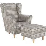 Křeslo ušák s taburetem, látka hnědé káro/buk, ASTRID