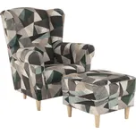 Křeslo ušák, s taburetem, látka hnědozelená vzor, ASTRID