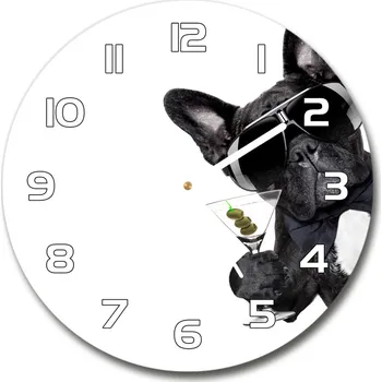Hodiny Skleněné hodiny kulaté Pes s martini