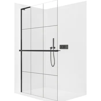 CERANO - Sprchová zástěna Walk-in Onyx L-levá vzpěra - 8 mm + polička/držák na ručníky - černá matná, industriální sklo - 120x200 cm