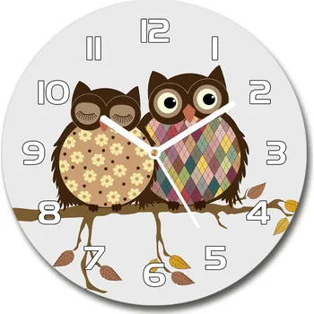 Hodiny Skleněné hodiny kulaté Dvě sovy na větvi