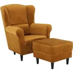 Křeslo ušák, s taburetem, látka hořčicová, ASTRID