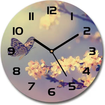 Hodiny Skleněné hodiny kulaté Květ višně a motýl