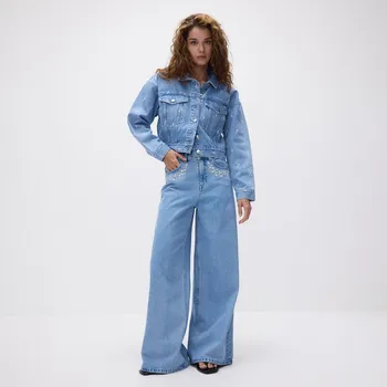 Dámské džíny Reserved - Džíny wide leg s výšivkou - modrá - YS045-50J - YS045-50J-38