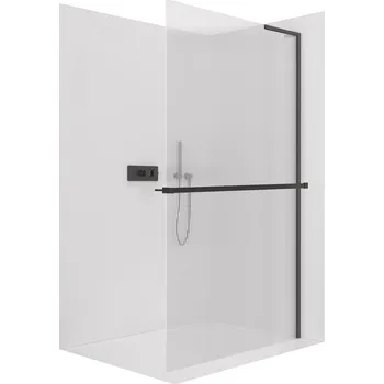 CERANO - Sprchová zástěna Walk-in Onyx L-pravá vzpěra - 8 mm + polička/držák na ručníky - černá matná, rýhované sklo - 120x200 cm