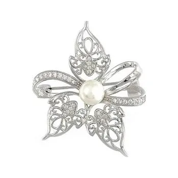 Brož Stříbrná brož květina s perlou