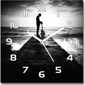 Hodiny Skleněné hodiny čtverec Kytarista na molo