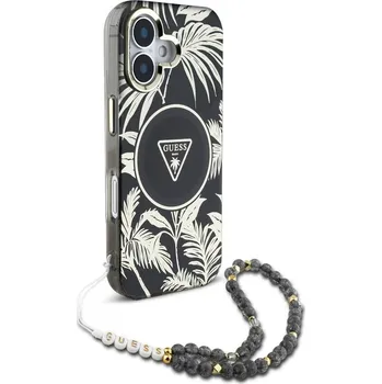 Pouzdro na mobilní telefon Pouzdro GUESS pro IPHONE 16 kompatibilní s MagSafe GUHMP16SHPCTPLSK (IML Palm Trees Triangle W/ Pearl Strap) černé