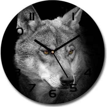 Hodiny Skleněné nástěnné hodiny kulaté Vlk
