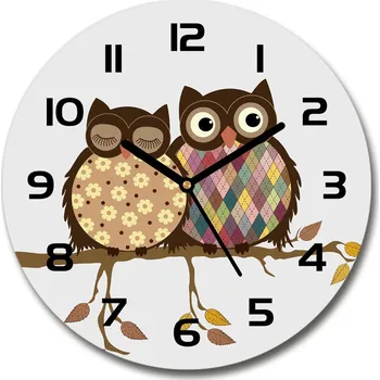 Hodiny Skleněné hodiny kulaté Dvě sovy na větvi
