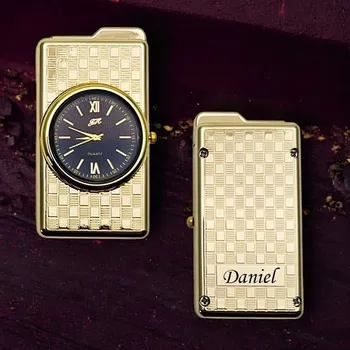 Zapalovač Luxusní kovový zapalovač s hodinami Inception zlatý