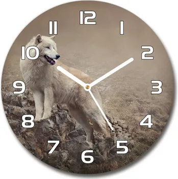 Hodiny Skleněné hodiny kulaté Bílý vlk na skále