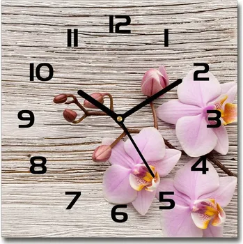 Hodiny Skleněné hodiny čtverec Orchidej na dřevě